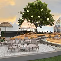 Relaxing Garden Landscape Design With Large Tree Teepee Tent Straw Umbrella And Outdoor Chairs