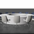 Modern Round Conference Table with White Surface and Blue White Chairs in Office Meeting Room