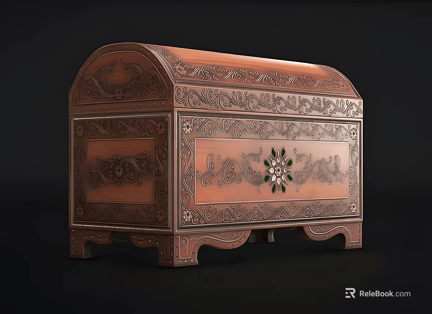 Copper Chest with Intricate Carvings and Green Floral Ornament Traditional Design 3d model 