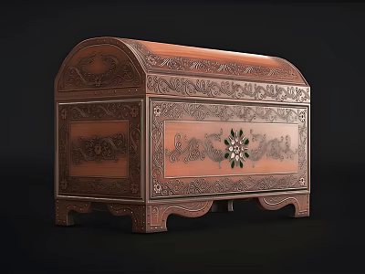 Copper Chest with Intricate Carvings and Green Floral Ornament Traditional Design 3d model