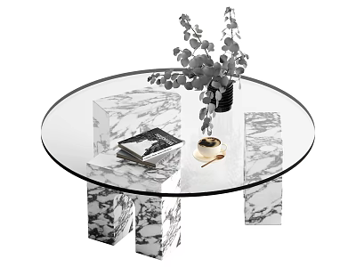 Modern Round Glass Top Coffee Table With Marble Legs And Decorative Vase And Books 3d model