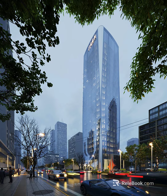 Modern High Rise Office Building With Glass Curtain Wall Urban City Background And Trees 3d model 