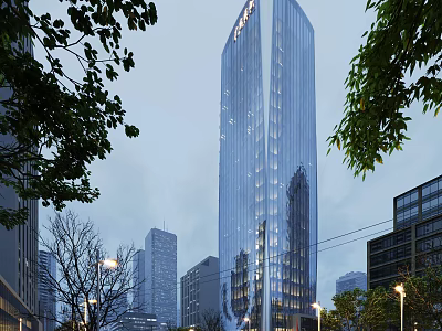 Modern High Rise Office Building With Glass Curtain Wall Urban City Background And Trees 3d model