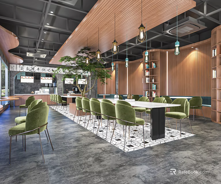 Modern Dessert Shop Interior With Green Chairs White Tables Wooden Walls And Hanging Pendant Lights 3d model 