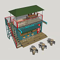 Container Building Street Cafe With Bar Counter Bar Stools Wooden Barrel Seats And Green Canopy