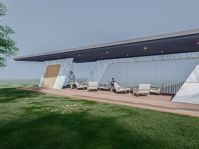Modern Pergola Outdoor Leisure Space With Wooden Deck White Lounge Chairs And Green Grass 3d model
