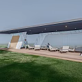 Modern Pergola Outdoor Leisure Space With Wooden Deck White Lounge Chairs And Green Grass