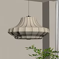 Beige Fabric Umbrella Shaped Pendant Light With Striped Design And Green Plant