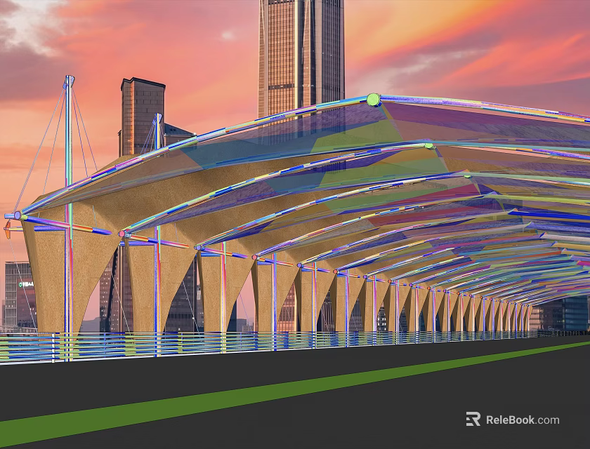 Modern Sunshade Canopy With Transparent Roof And Support Columns In Urban Sunset 3d model 