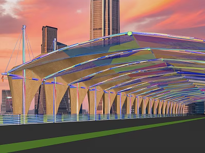 Modern Sunshade Canopy With Transparent Roof And Support Columns In Urban Sunset 3d model