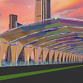 Modern Sunshade Canopy With Transparent Roof And Support Columns In Urban Sunset