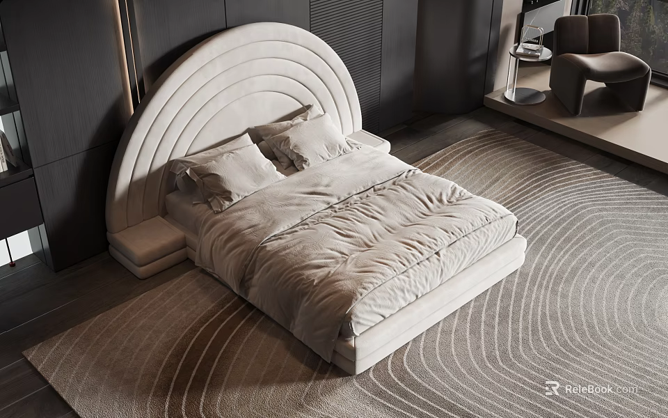 Modern Light Colored Double Bed With Arched Headboard Mattress And Pillows On Bedroom Rug 3d model 