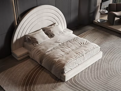 Modern Light Colored Double Bed With Arched Headboard Mattress And Pillows On Bedroom Rug 3d model