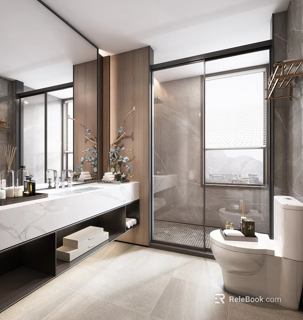 Modern Bathroom Interior Design With Marble Countertop Double Sink Glass Shower And Mirror 3d model 
