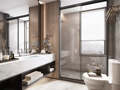Modern Bathroom Interior Design With Marble Countertop Double Sink Glass Shower And Mirror 3d model