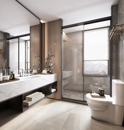Modern Bathroom Interior Design With Marble Countertop Double Sink Glass Shower And Mirror 3d model