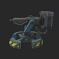 Mechanical Automatic Turret Weapon With Multi Legged Base And Yellow Black Warning Stripes
