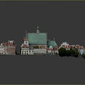 Colorful Birds Flying Over Historic Red Roof City Model With Green Church