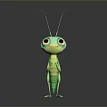 Cute Green Cartoon Grasshopper With Big Eyes And Long Antennae On Dark Background