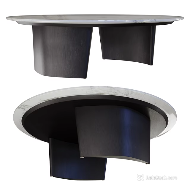 Modern Round Dining Table With Curved Black Wooden Base And Metal Trim 3d model 