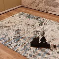 Square Area Rug Blue Gray Beige Abstract Pattern On Wooden Floor With Light Wall Vases