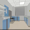 Modern Laboratory Interior With Blue Cabinets White Countertops Sinks Fume Hood And Stainless Steel Equipment