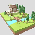Picturesque Natural Landscape Featuring Log Cabin Wooden Bridge Stream Pine Trees Stone Steps And Grass