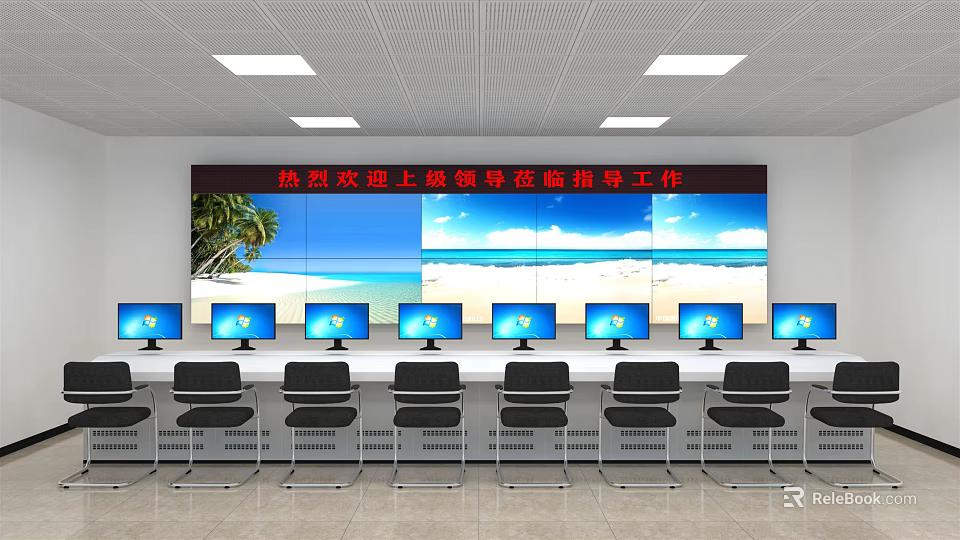 Monitoring Room Setup With Multiple Computer Monitors And Neatly Arranged Chairs 3d model 