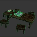 Outdoor Rustic Wooden Table With Chessboard Stools And Leisure Book Setup 3d model