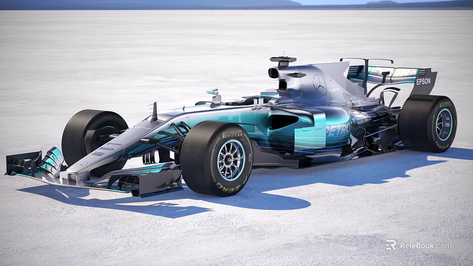 Formula 1 Racing Car With Teal And Silver Streamlined Body On White Salt Flat 3d model