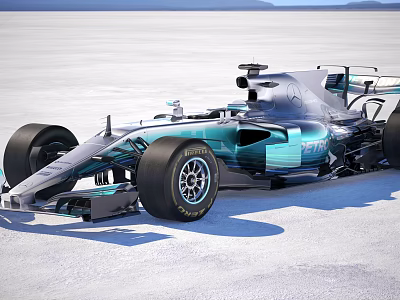 Formula 1 Racing Car With Teal And Silver Streamlined Body On White Salt Flat 3d model