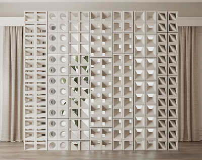 White Geometric Laser Cut Room Divider With Circular And Triangular Hollow Patterns 3d model