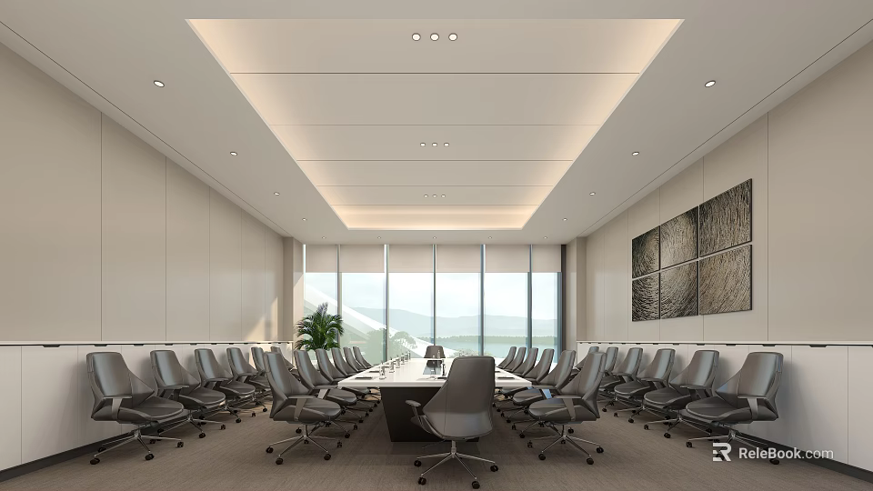 Spacious Modern Conference Room With Large Table Comfortable Chairs And Floor to Ceiling Windows 3d model 