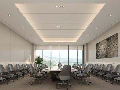 Spacious Modern Conference Room With Large Table Comfortable Chairs And Floor to Ceiling Windows 3d model