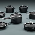 Black Kitchen Cookware Set With Lids Various Sizes And Silver Handles 3d model