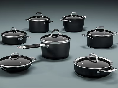 Black Kitchen Cookware Set With Lids Various Sizes And Silver Handles 3d model