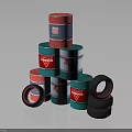 Colorful Industrial Storage Display With Stacked Multi Colored Drums And Black Tires With Red Trim