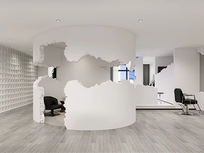 Modern Beauty Salon Interior with White Cylindrical Torn Design Black Chairs and Wooden Flooring 3d model