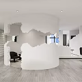 Modern Beauty Salon Interior with White Cylindrical Torn Design Black Chairs and Wooden Flooring