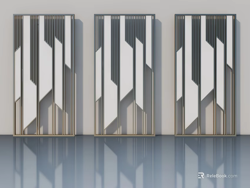 Three Modern Hinged Doors With Geometric Patterns And Metal Frames In Interior Design 3d model 