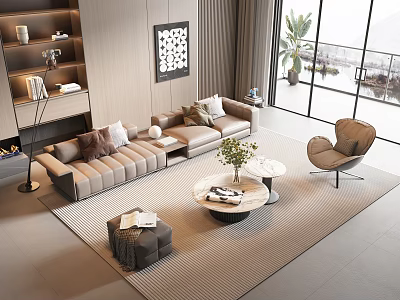 Modern Living Room Beige L-shaped Sofa and Round Coffee Table Set with Rug and Potted Plant 3d model