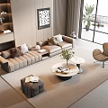 Modern Living Room Beige L-shaped Sofa and Round Coffee Table Set with Rug and Potted Plant