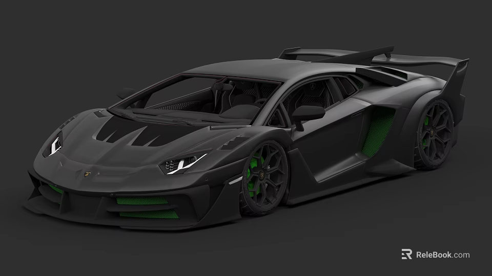 Black High Performance Sports Car With Green Accents Large Rear Spoiler And Sporty Wheels 3d model 