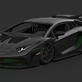 Black High Performance Sports Car With Green Accents Large Rear Spoiler And Sporty Wheels