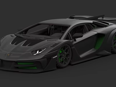 Black High Performance Sports Car With Green Accents Large Rear Spoiler And Sporty Wheels 3d model