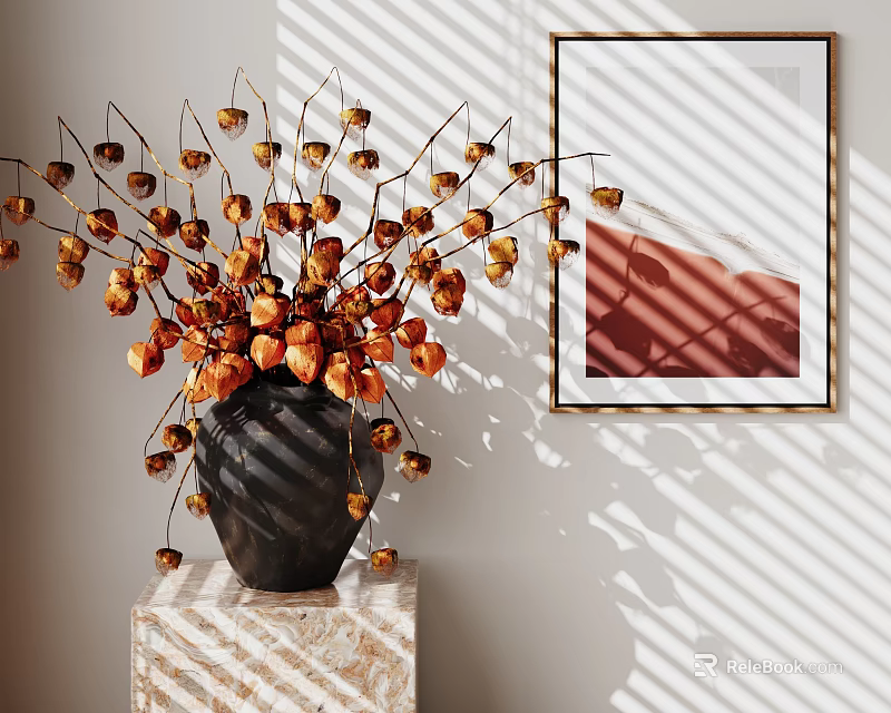 Decorative Ornament Set With Black Vase Dried Plants And Golden Framed Painting On Marble Stand 3d model 