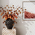 Decorative Ornament Set With Black Vase Dried Plants And Golden Framed Painting On Marble Stand