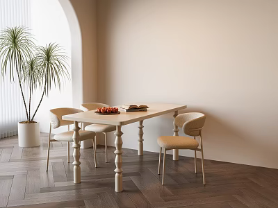 Light Wooden Dining Table Set With Beige Curved Chairs And Potted Plants 3d model