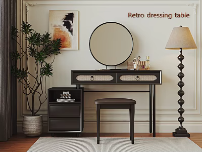 Retro Dressing Table Interior With Round Mirror Drawers Stool And Floor Lamp 3d model