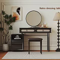 Retro Dressing Table Interior With Round Mirror Drawers Stool And Floor Lamp 3d model